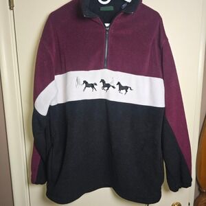 Vintage Wild Wings Large Fleece Pull Over 1/4 Zip Maroon Red White Black Horses